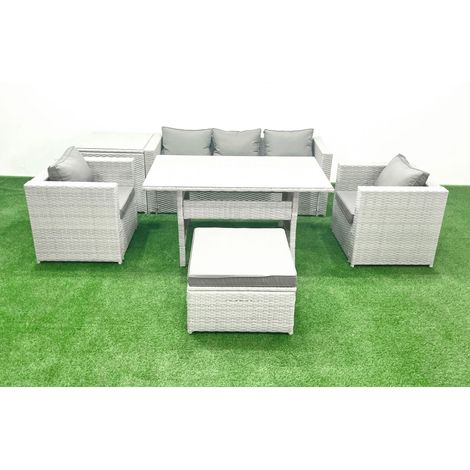 Fimous Gartenmöbel-Set aus Rattan mit Sofa Esstisch 2 Sesseln Großer Fußhocker Beistelltisch Hellgrau gemischt (1/5)