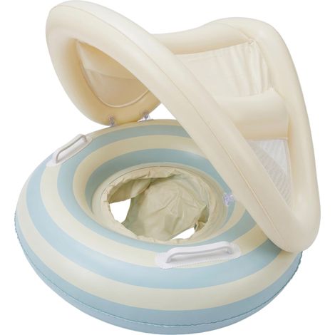 Bouée pour bébé gonflable avec auvent anti-UV et poignées antidérapantes, design à rayures rétro pour enfants de 0 à 4 ans, flotteur de piscine stable pour baignoire et activités aquatiques extérieure (1/5)