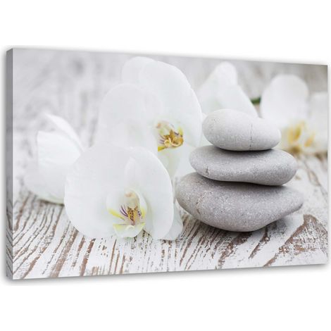 Tableau sur toile, Orchidée blanche et pierres - 60x40 (1/5)