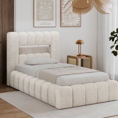 Cama con cajón de 90 x 200, con somier y luces LED incluidas, modelo Auria, de terciopelo acanalado beige (1/5)