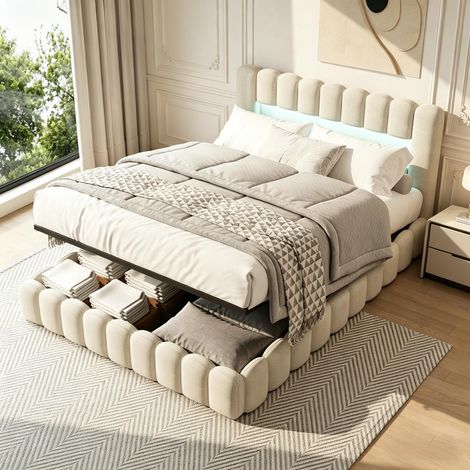 Lit Coffre 160x200 cm avec Sommier,Lit Double Capitonné avec LED et USB,Cadre de Lit 160x200,Coffre de Rangement,Tissu en Lin,Beige (1/5)