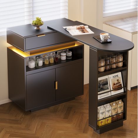 Table haute extensible 115-183x40x99.5 cm noire en MDF avec rangement, LED et plateau pivotant (1/5)