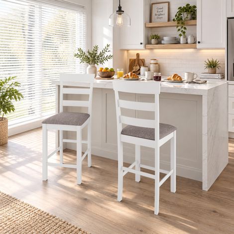 Lot de 2 Tabourets de Bar, Chaises de Bar en Bois Massif avec Assise Rembourrée en Lin et Dossier, Blanc et Marron (1/5)