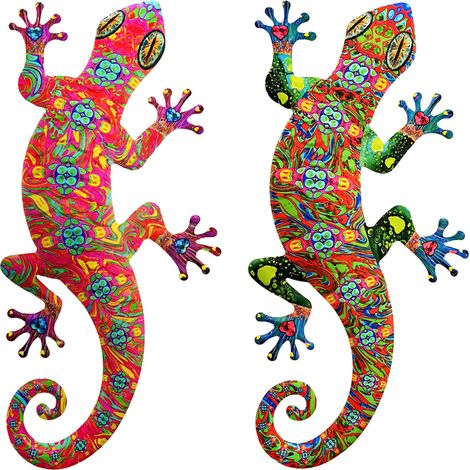 Lot de 2 décorations murales gecko en fer de 38 cm, idéales pour les jardins et terrasses extérieures, statues de lézards (1/5)