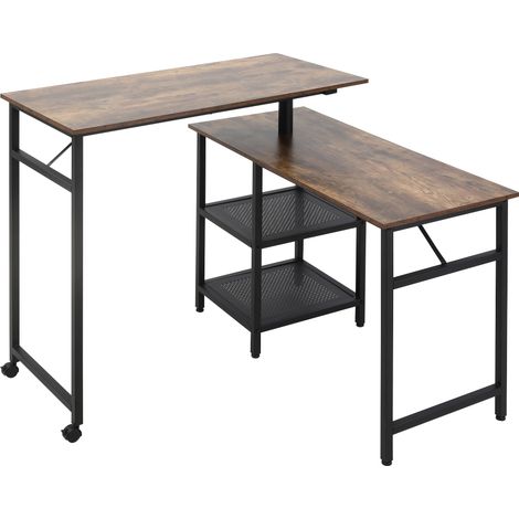 Modularer Computertisch im Industriedesign, Eckschreibtisch mit 2 Ablagen, Holzoptik im Antik-Look, schwarzes Metallgestell