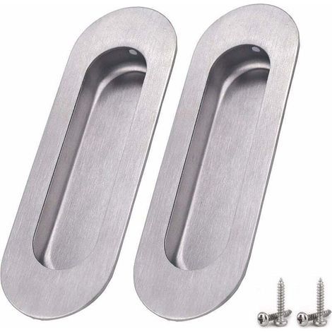 Paquete de 2 tiradores para puertas correderas, tirador ovalado empotrado en acero inoxidable satinado cepillado, tirador oculto para puertas correderas, armarios, alacenas y cajones – Plateado (1/5)