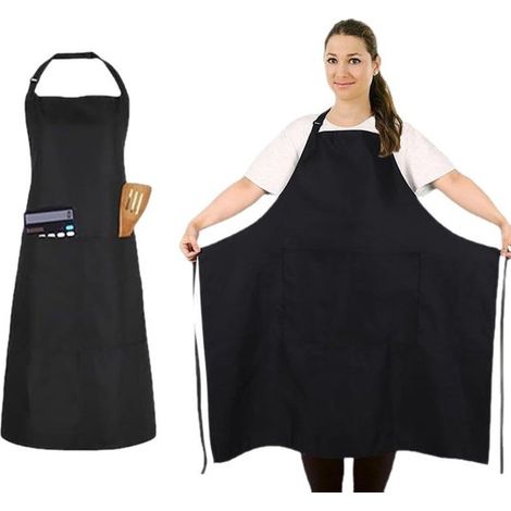 Questo grembiule nero monopezzo con due tasche è unisex e regolabile, adatto a ristoranti, barbecue, cucine, negozi, pub, bar, caffè e altre occasioni simili. (1/5)