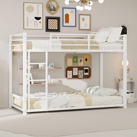 Lit Superposé 90x190 cm - Lit superposé bas en métal pour enfants et adolescents avec barrières de sécurité - Blanc (1/5)