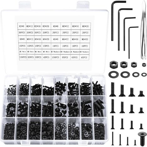 Lot de 950 Vis Tête Fraisée, Écrous Hexagonaux, Rondelles Plates, Acier Carbone, M2 M3 M4 M5, Bricolage (1/5)