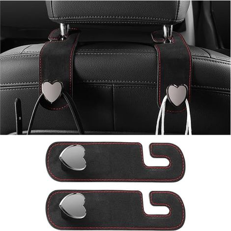 Crochets pour appuie-tête de siège auto, 2 jolis ornements de rangement en daim en forme de cœur, pochettes pour portefeuille, accessoires pour siège arrière, pour SUV/berlines (noir). (1/5)