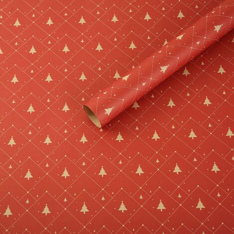 Papier cadeau kraft de Noël 75 x 50 cm, écologique, motif sapin de Noël rouge, 5 pièces (1/5)