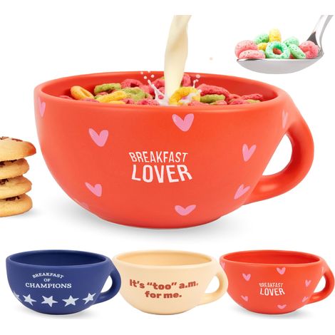 Bol petit-déjeuner original "Breakfast Lover". Tasse à café rouge 490 ml. Grand bol céramique pour café, muesli ou chocolat chaud. 16,5 cm x 7,5 cm (1/5)