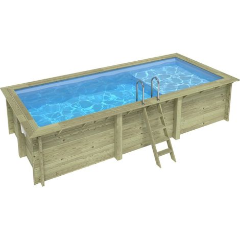 Piscine en bois AQUA 6.1 x 2.85 - H.1.31 m avec plage, bleu pâle, cadre en métal - sans dalle
