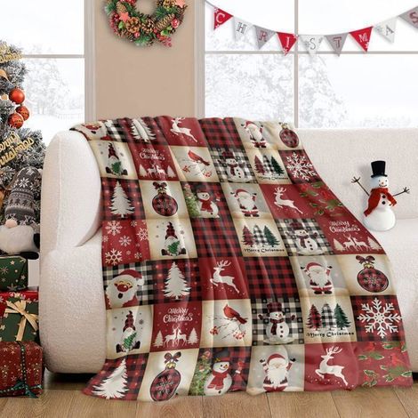 1 pièce Couverture flanelle,Noël,Père Noël et renne,carreaux rétro,plaid doux et chaud 100x150 cm,pour canapé lit ou décoration hivernale