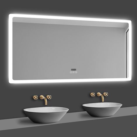 Acezanble miroir lumineux de salle de bain regtanglaire avec Bluetooth, 3 Couleurs et Horloge 140x80cm