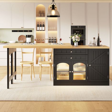 Table de salle à manger îlot de cuisine extensible 120-194 cm, plateau pivotant 360°, vitrines, tiroirs et étagères porte-snacks, blanc/noir (1/5)