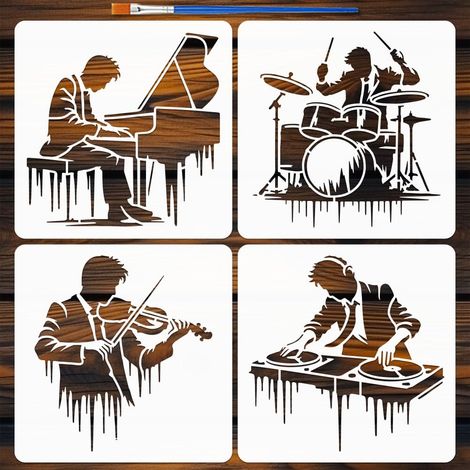 4 Pièces Pochoirs de Figurines Instruments Musique avec Pinceau 20x20cm Pochoir Peinture Goutte Musicien Réutilisable Pochoir Joueur Piano Batterie Violon DJ pour Bois Tissu Mur Papier (1/5)