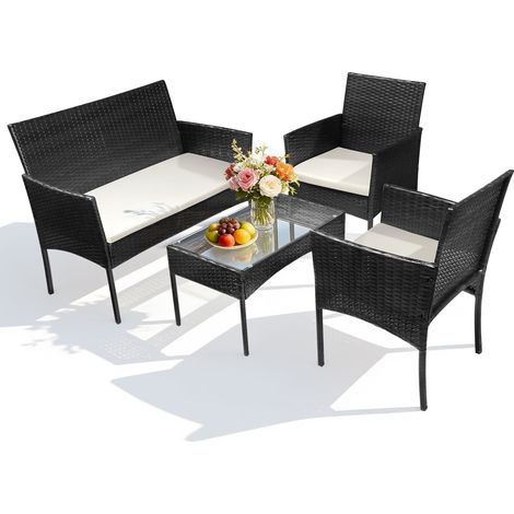 Randaco Gartenmöbel Set 4-teilig Polyrattan Sitzgruppe mit 2 Sesseln, 2-Sitzer Sofa und Glastisch, Schwarz (1/5)