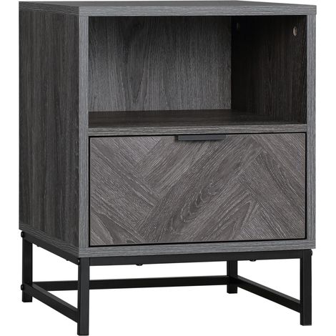 Bedside Table with Drawer and Shelf, Side End Table with Steel Legs for Living Room, Bedroom, Dark Grey