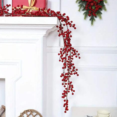 Guirlande De Noël Artificielle - Baies Rouges - En Plastique - 195 Cm - Pour Décoration Intérieure Porte Et Cheminée (1/5)