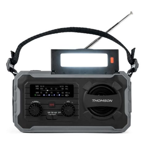 Thomson RT280G - Radio Solar de Emergencia FM/Am con Manivela, Portátil, Función Powerbank Solar 8000 mAh, Recargable USB-C, Linterna, luz de Lectura LED sin Pilas con Dinamo, Gris