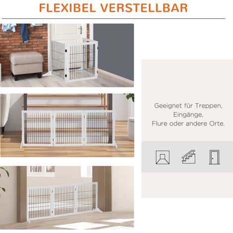 Barrière de sécurité autoportante pour chien avec pieds, 185 x 71 cm, en bois blanc, 3 panneaux, idéale pour escalier, porte, cuisine et couloir. (1/4)