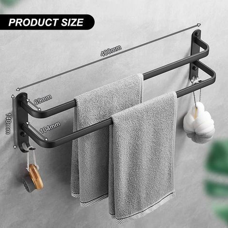 Porte Serviette Salle De Bain - 2 Barres Porte Serviette Adhesif En Space Aluminium - Étagère Porte Serviette Murale Noir Avec Crochets Pour Salle (1/5)