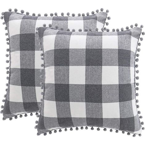 Housse de Coussin à Carreaux Lot de 2 Housse de Coussin Décorative avec Pompons Housse de Coussin Décorative 45x45cm avec Fermeture Éclair Cachée Gris et Blanc (1/5)