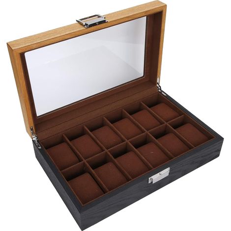 Boîte montres bois massif 12 fentes, bicolore, 31,5x19,8x8cm, hommes/femmes. (1/5)