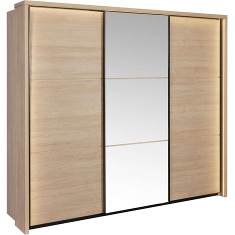 Armoire 3 portes coulissantes avec miroir et leds aspect bois et noir - LUDY