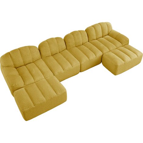 Canapé modulaire en U 4 places avec 2 ottomans, forme coquillage, canapé sans ossature en mousse haute densité 32D, assise profonde, idéal pour le salon, tissu doux, jaune (1/5)