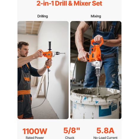 Malaxeur Perceuse Électrique 2-en-1, Mélangeur de Mortier Filaire, Agitateur à Béton avec Mandrin 15,89 mm, 0-850 tr/min, avec Poig… (1/5)