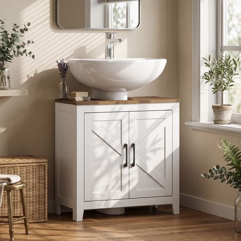 Meuble sous-vasque Rustique Blanc MDF 60x30x61cm 2 Portes Coulissantes Étagère Réglable Cache-Tuyaux Design Ferme (1/5)