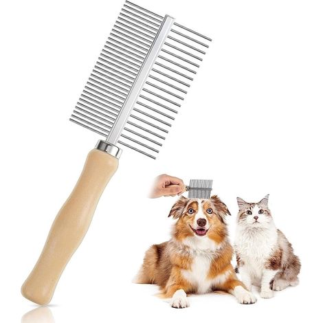 Pettine in legno a doppia dentatura - adatto a tutti i cani e gatti - denti in metallo arrotondati - adatto ad animali a pelo medio-lungo - rimuove il sottopelo e districa (1/5)