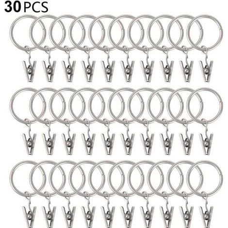 30 Gardinenringe mit Clips, stabile Gardinenclips, Haken an Spannstangenhalterung, Metallösen mit Innendurchmesser, dekorative Gardinenaufhänger, silberfarben (1/4)