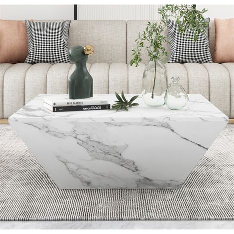Table basse 70 cm - avec 2 tiroirs - design trapézoïdal - placage marbre blanc - style contemporain - table basse trapézoïdale - 70x70x37 cm (1/5)