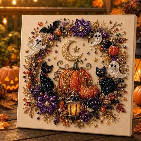 DIY Halloween Raven Pumpkin Handmade Pearl Painting Bedroom Decor Set - Pumpkin 2020cm (without frame)
