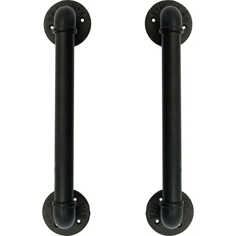 Ensemble de 2 poignées de porte industrielles en tuyau, barre d'appui, poignées de porte de grange, fonte rustique antique pour main courante, noir, 50 cm de long (32D, 45L) (1/5)