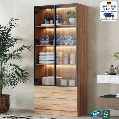 Vitrine 75x34,5x170cm avec 2 tiroirs 2 portes, meuble de salle de bain, commode, LED, MDF, naturel (1/5)