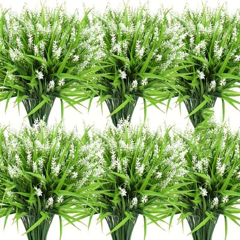 6 piezas de césped artificial de lavanda, flores artificiales decorativas para exterior, resistentes a los rayos UV, color blanco.