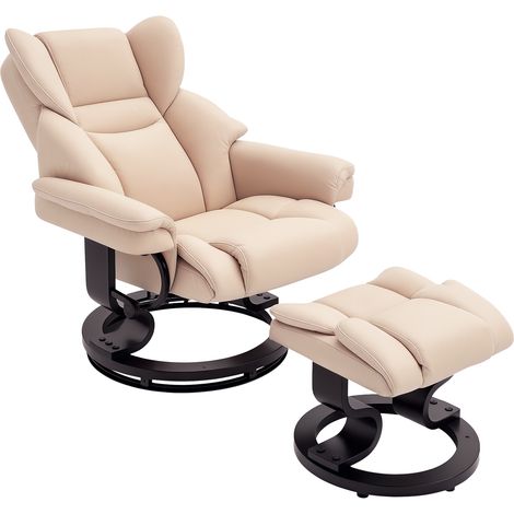 360° Swivel Recliner Chair with Footstool, PU Leather Manual Recliner Armchair with Footstool, Solid Wood Base, Upholstered Reclining Chair for Living Room, Bedroom, Office, Cream