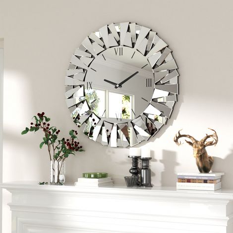 Round Sunburst Glass Mirror with Wall Clock
