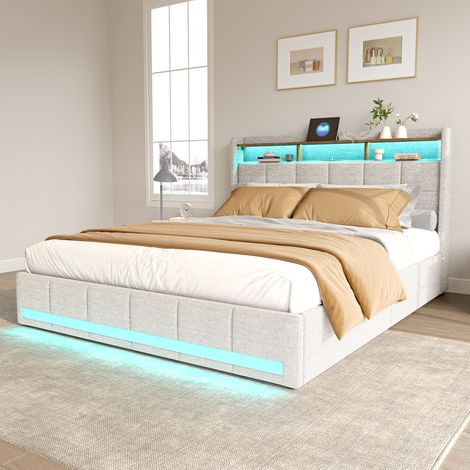 Lit rembourré 160x200 cm avec tête de lit à rangements, 2 tiroirs grillagés, ports USB et USB-C, double éclairage LED, tissu en lin beige (1/5)