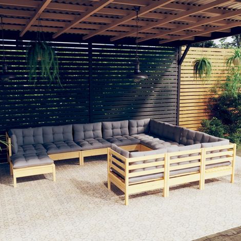 11-tlg. Garten-Lounge-Set mit Grauen Kissen Kiefernholz vidaXL (1/5)