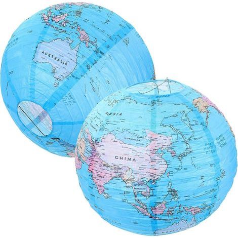 Lot de 2 lanternes en papier représentant une carte du monde, idéales pour décorer un globe terrestre lors d'une fête.-30.00X30.00X30.00CM-Sky-blue (1/3)