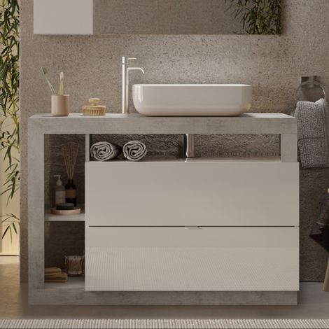 Meuble salle de bain couleur gris béton et blanc + vasque L 110cm GAMA (1/5)