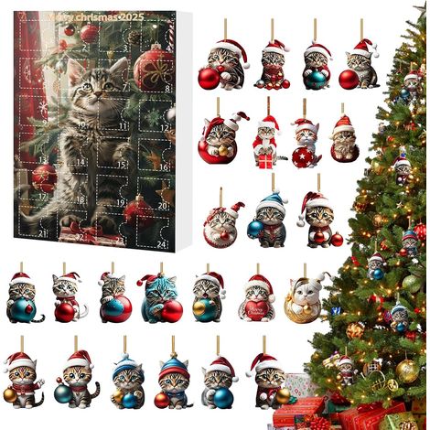 Ornements Chat Pour Sapin De Noël Calendrier Avent 24 Jours, Pendentif Ornements Noël Pendentif Chat en Acrylique 2D Set de pendentifs charme pour sapin rétroviseur auto mur porte fenêtre (1/5)