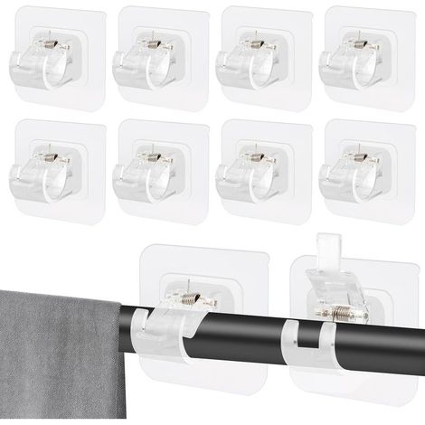 10 Pièces Support Tringle Rideaux Sans Percage,Supports de Tringle Auto Adhésifs Transparent,Support AméLioré Rideaux,Sans Percage Support Crochets pour la Maison, la Salle de Bain