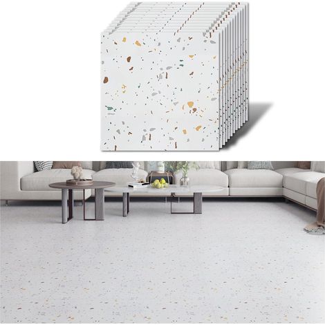 Dalle PVC Adhesive Sol Granit Blanc 12 Pièces Carrelage Adhesif Sol Cuisine Salle de Bain Imperméable Carreaux Adhesif Cuisine Dalles PVC Garage Chambre Amovible Épaissir 1.5mm 30cm × 30cm (1/5)