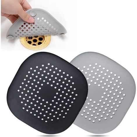 Attrape-cheveux, couvercle de vidange de cheveux carré pour douche Bouchon de cheveux en silicone avec ventouse, costume facile à installer pour salle de bain, baignoire, cuisine Lot de 2 (gris blanc) (1/5)